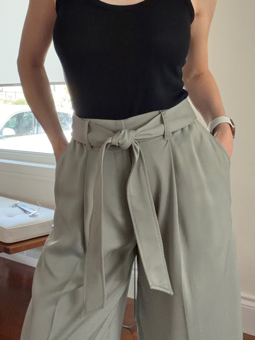Club Monaco Sage Green Satin Wide Leg Belted Pants with Stretch Waist | Size 00 - Picture 2 of 14